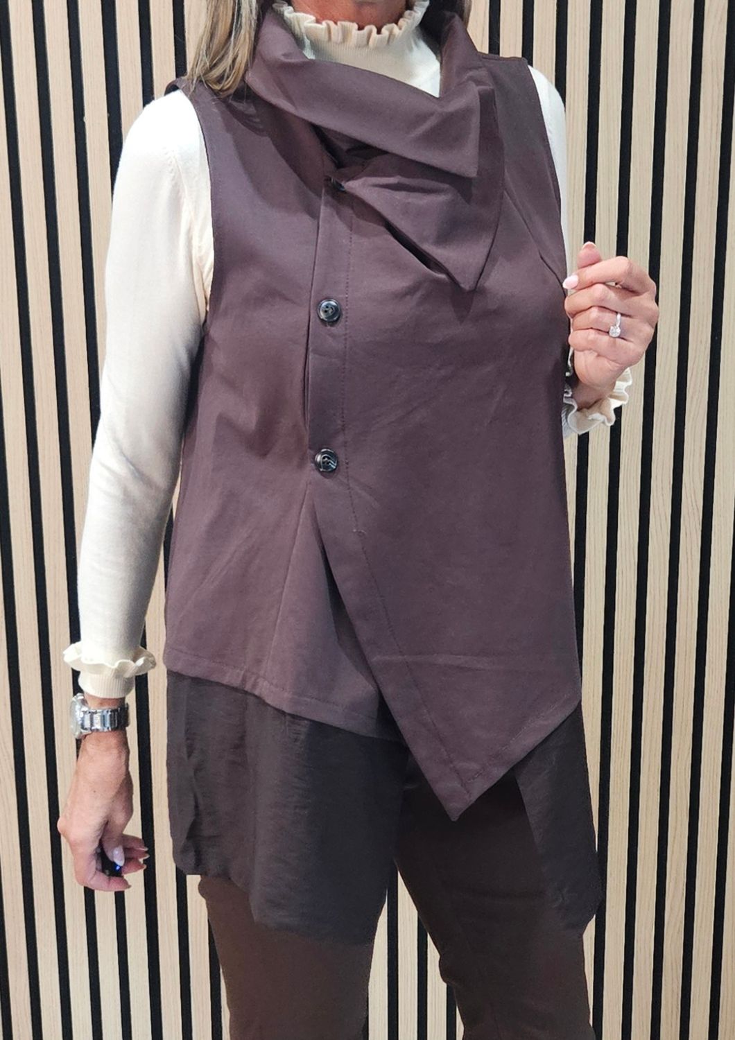 Asymmetric Drape-Collar Waistcoat – Brown