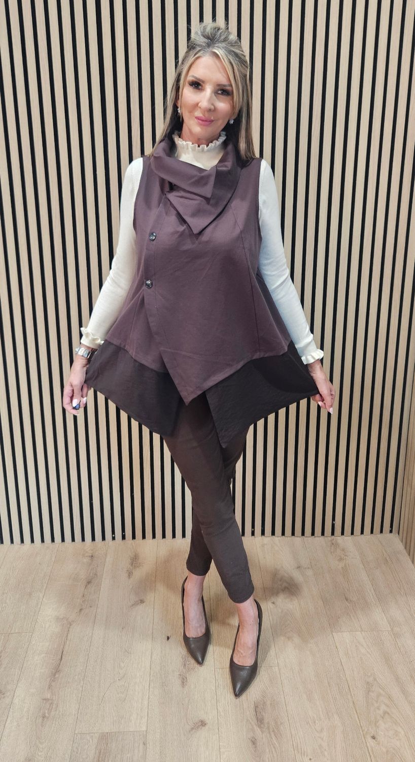 Asymmetric Drape-Collar Waistcoat – Brown