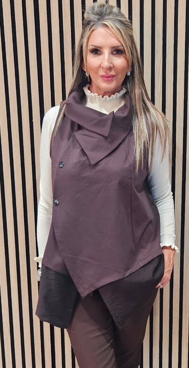 Asymmetric Drape-Collar Waistcoat – Brown
