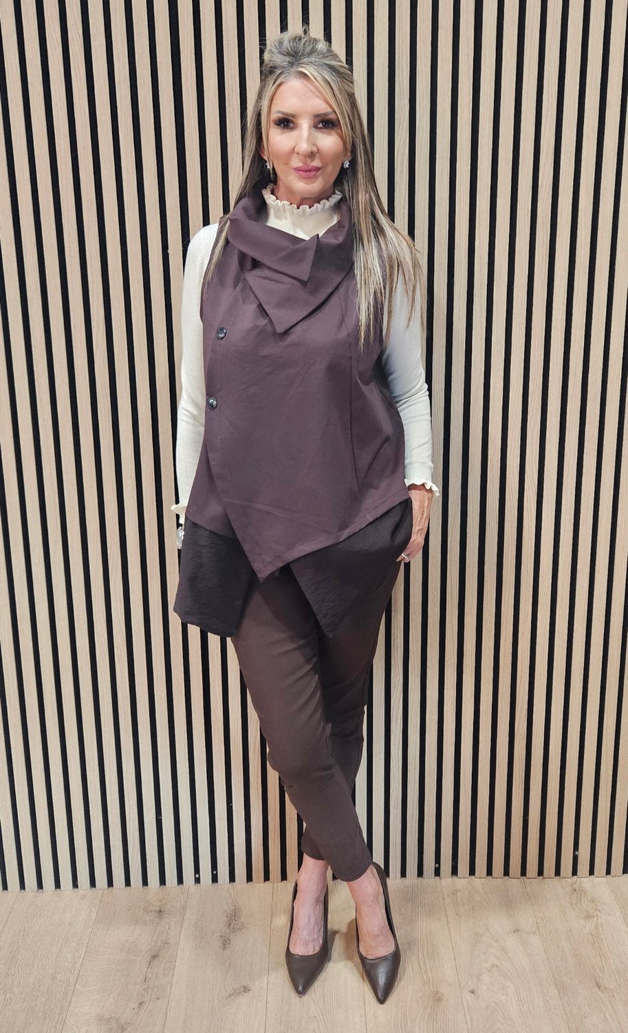 Asymmetric Drape-Collar Waistcoat – Brown