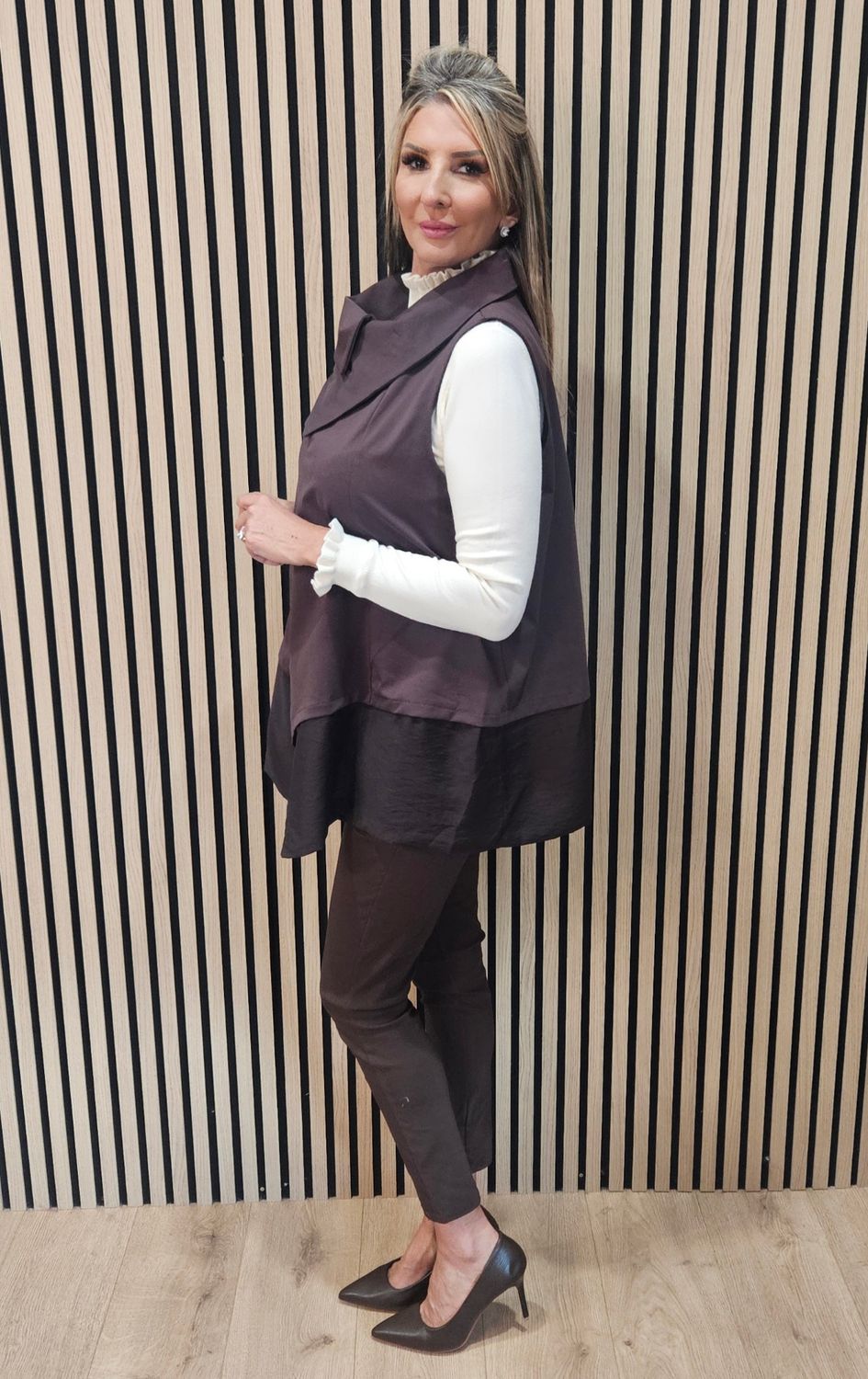 Asymmetric Drape-Collar Waistcoat – Brown
