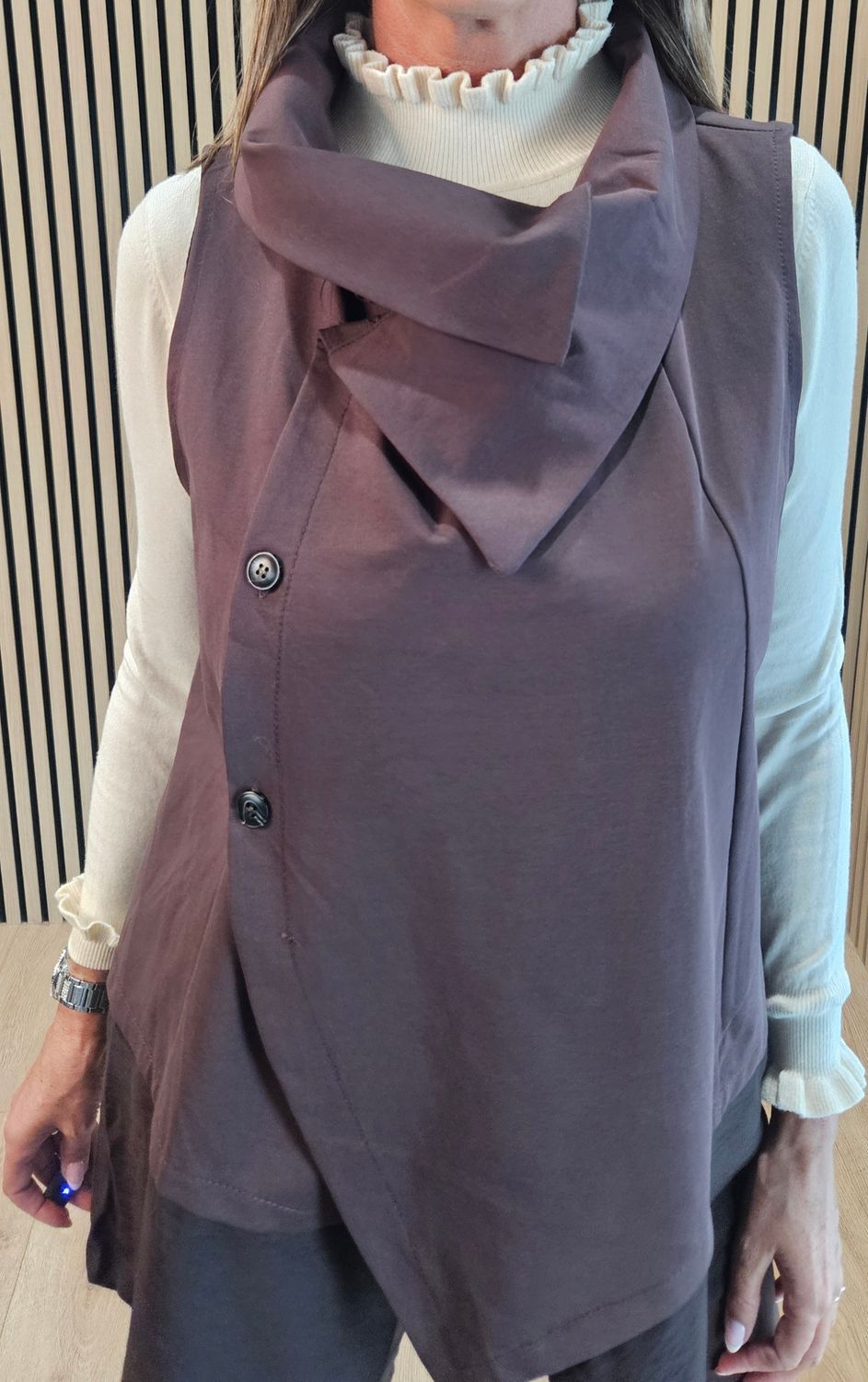 Asymmetric Drape-Collar Waistcoat – Brown