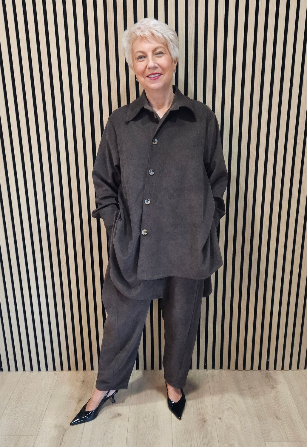 Relaxed Button-Through Two-Piece Suit - Chocolate 