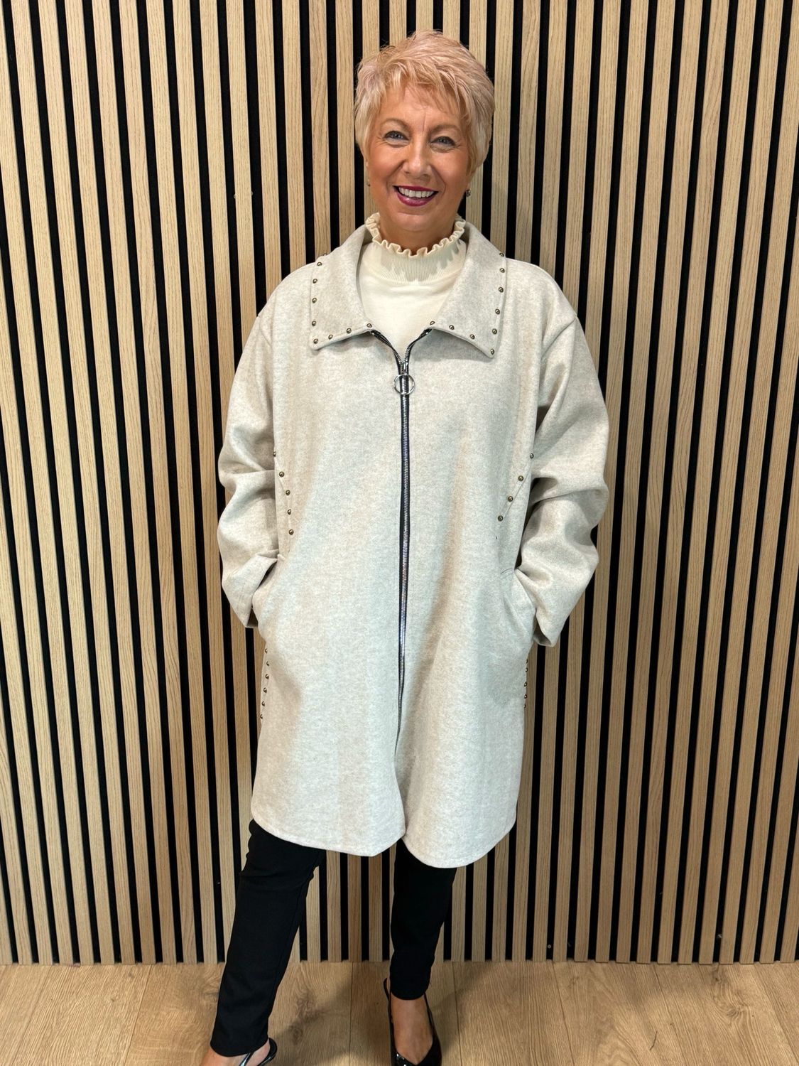 Stud Detail Zip Coat - Stone