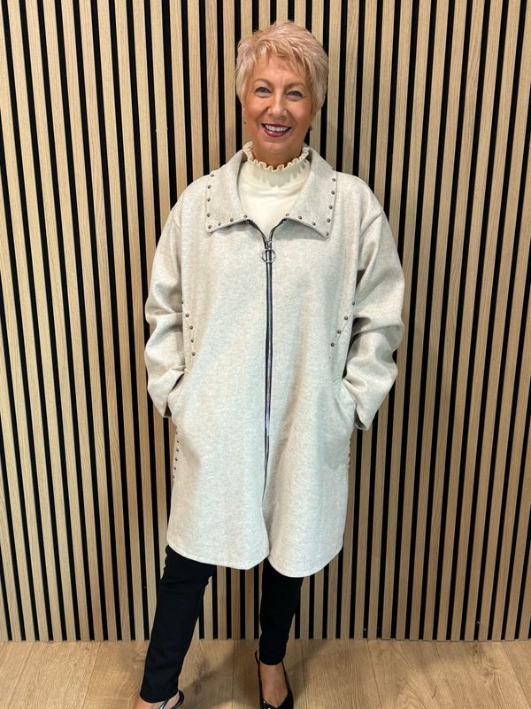 Stud Detail Zip Coat - Stone