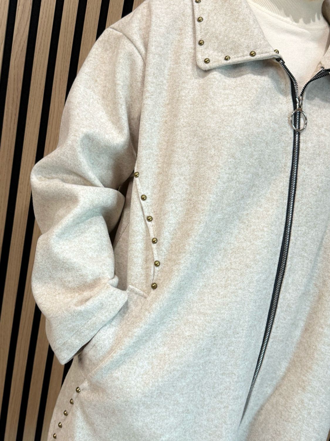 Stud Detail Zip Coat - Stone