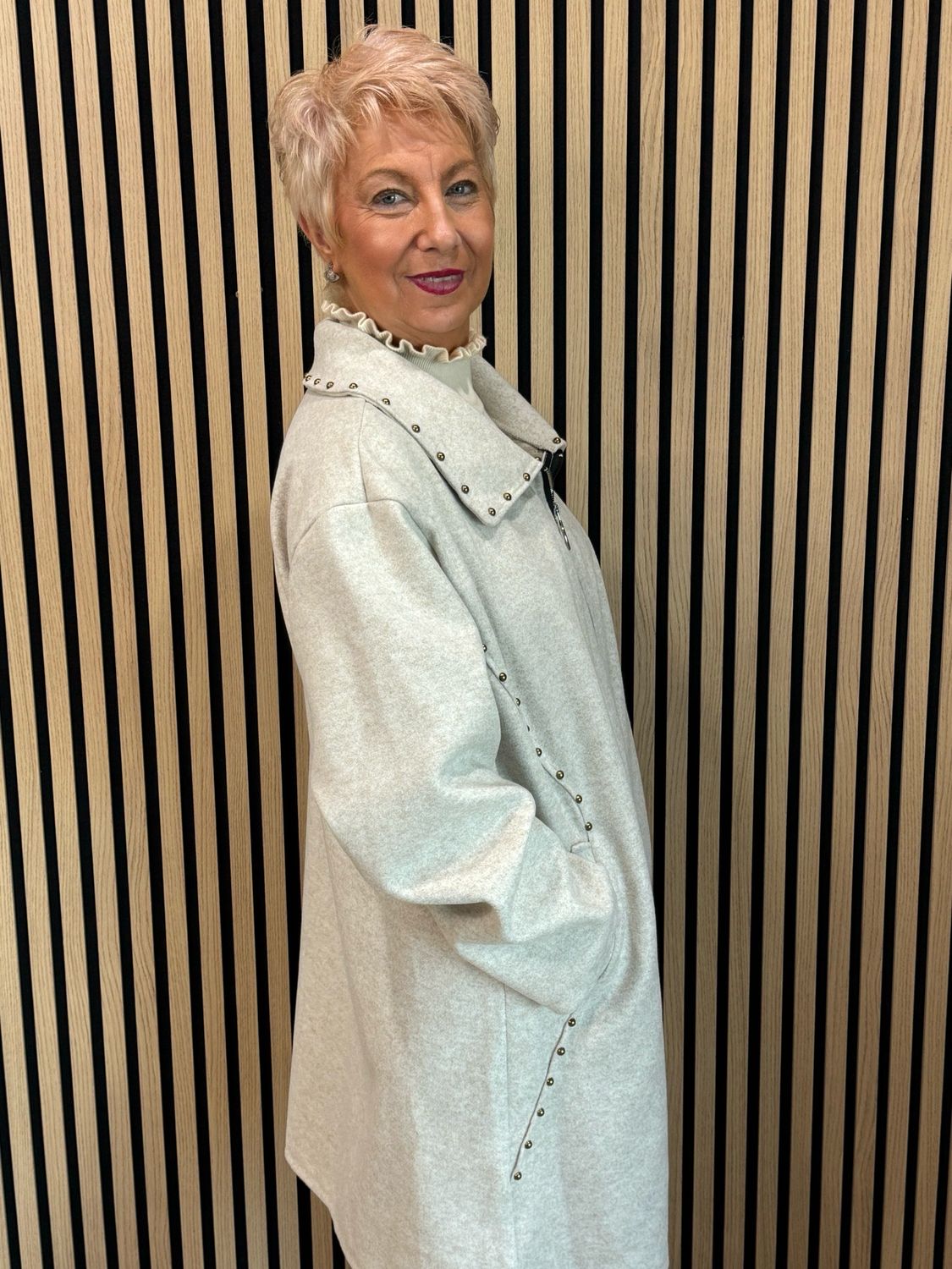 Stud Detail Zip Coat - Stone