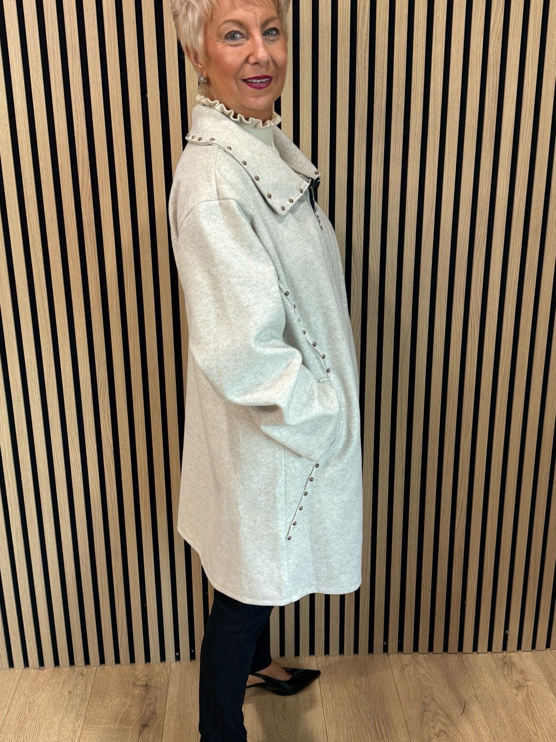 Stud Detail Zip Coat - Stone