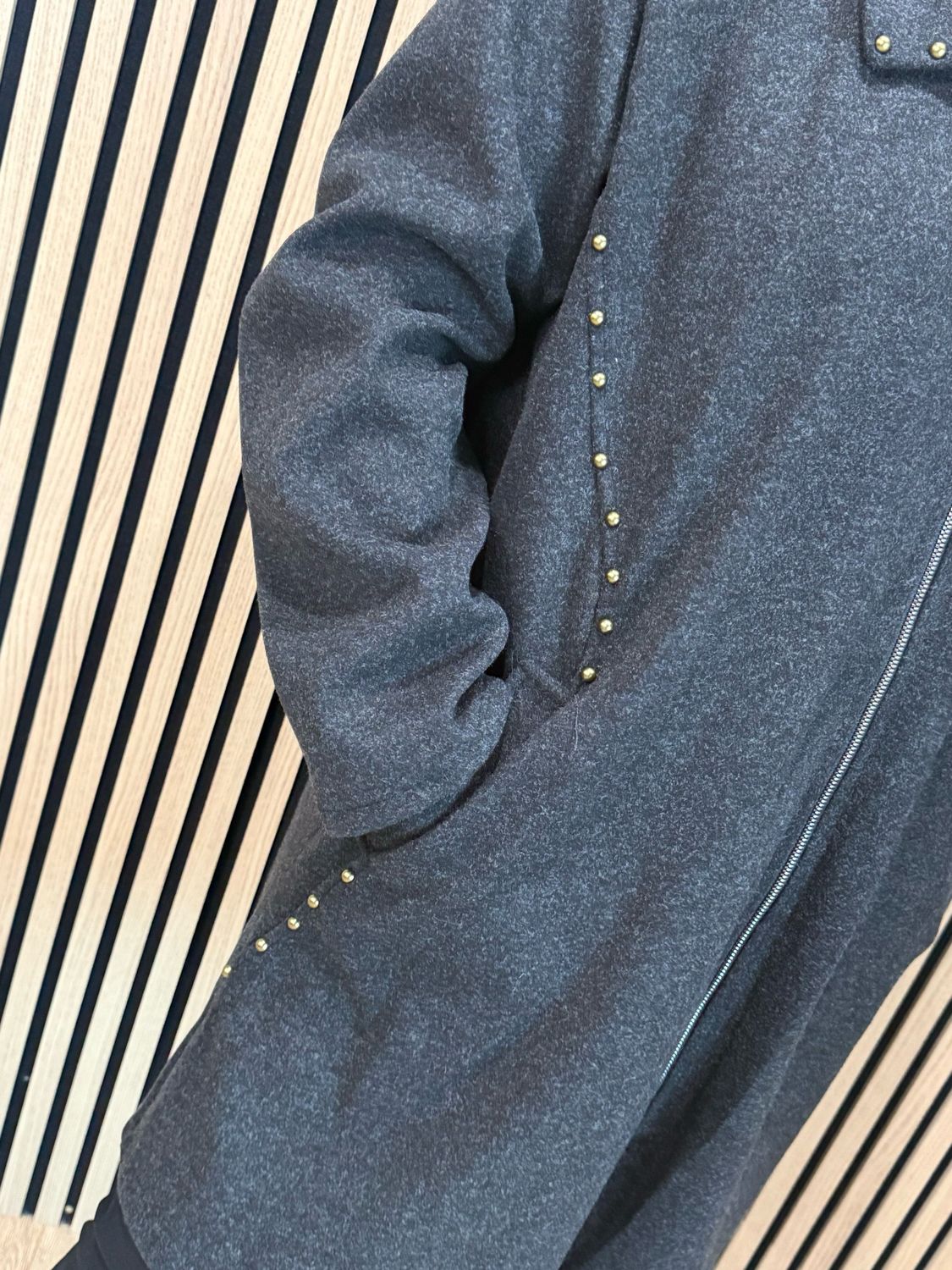 Stud Detail Zip Coat - Charcoal