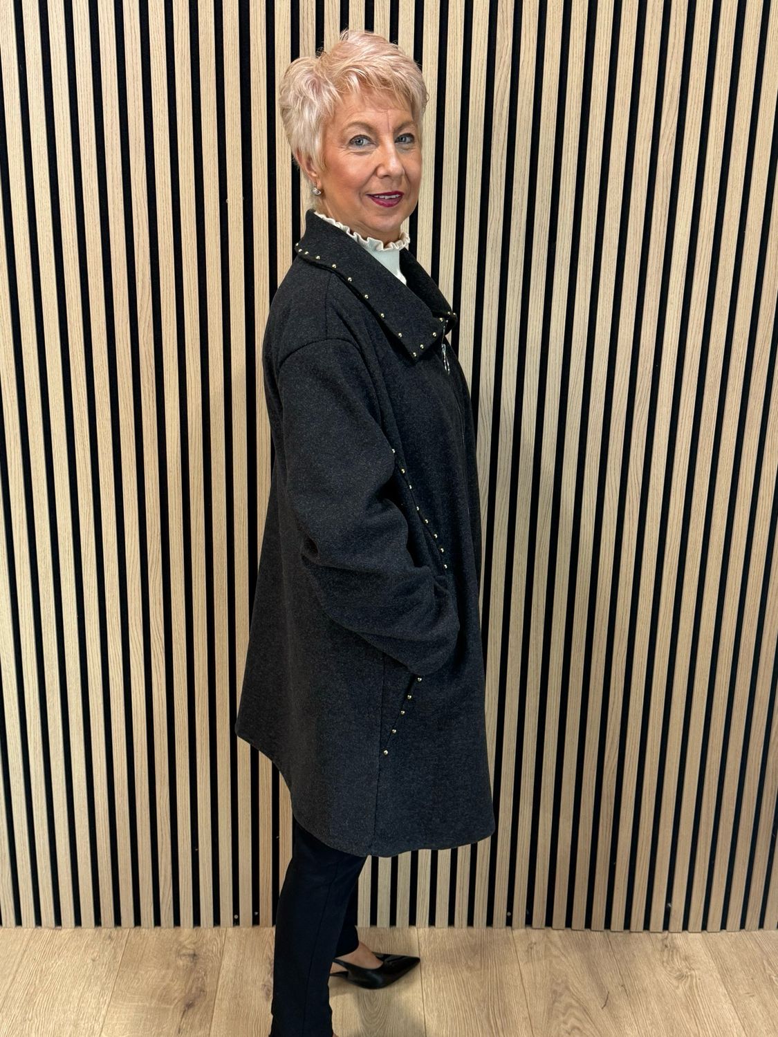 Stud Detail Zip Coat - Charcoal