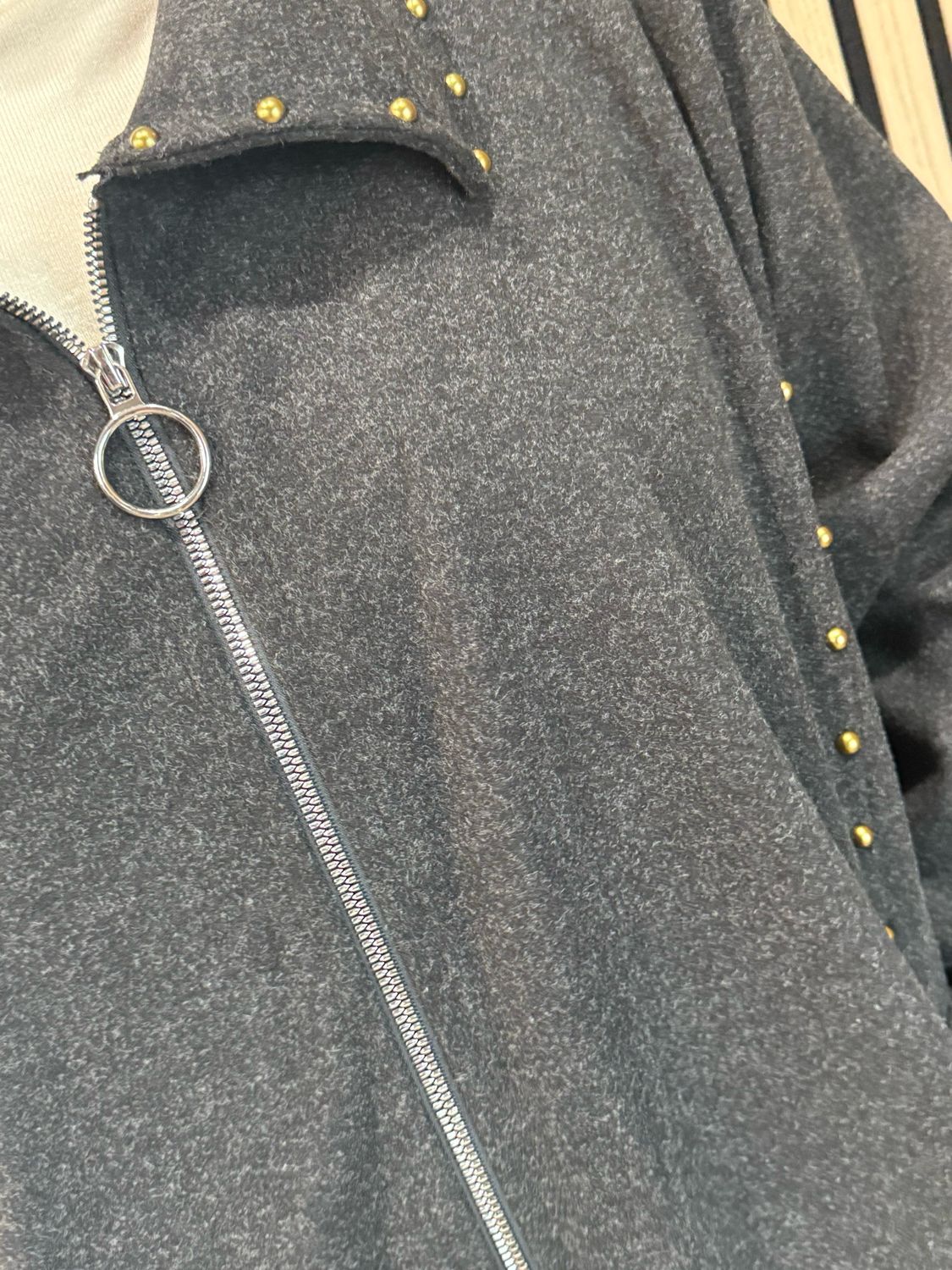 Stud Detail Zip Coat - Charcoal
