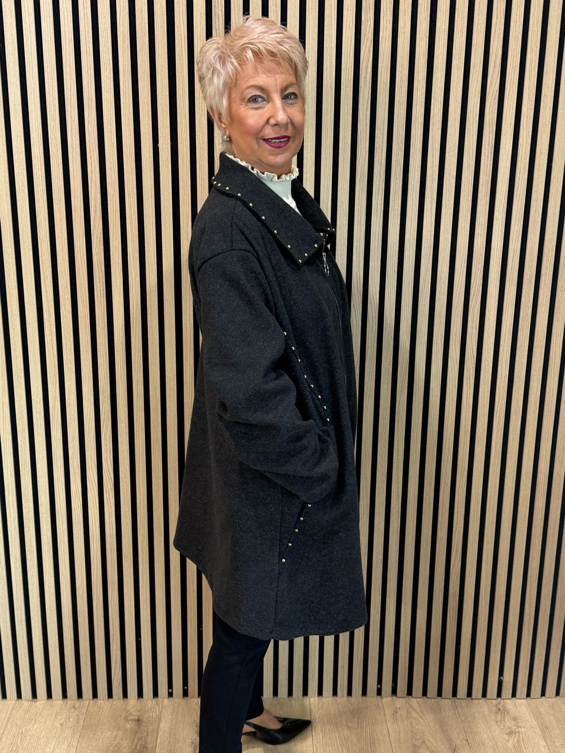 Stud Detail Zip Coat - Charcoal