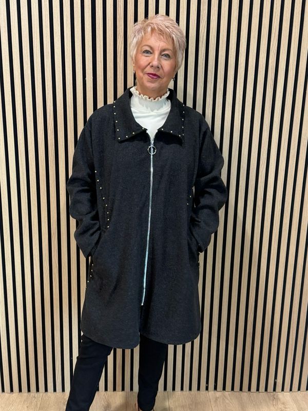 Stud Detail Zip Coat - Charcoal