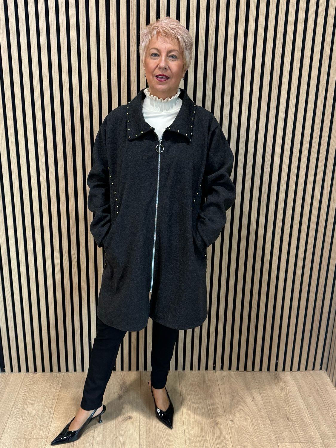 Stud Detail Zip Coat - Charcoal