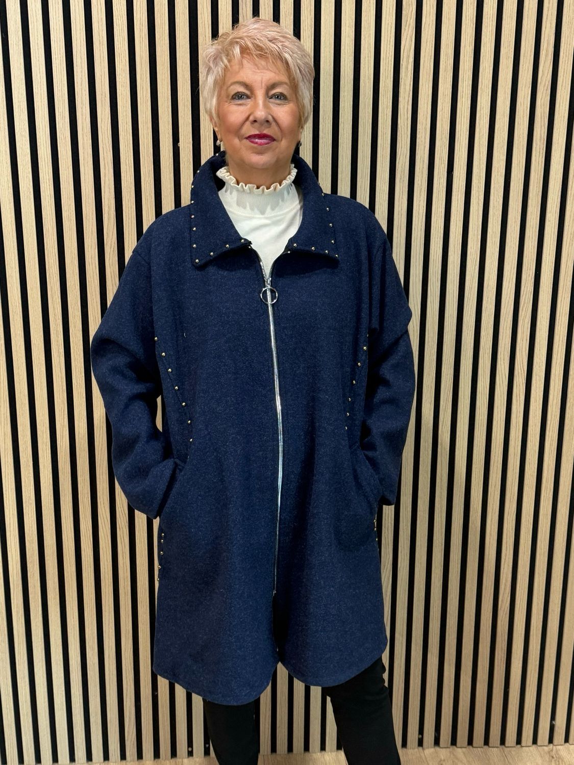 Stud Detail Zip Coat - Navy