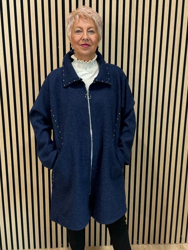 Stud Detail Zip Coat - Navy