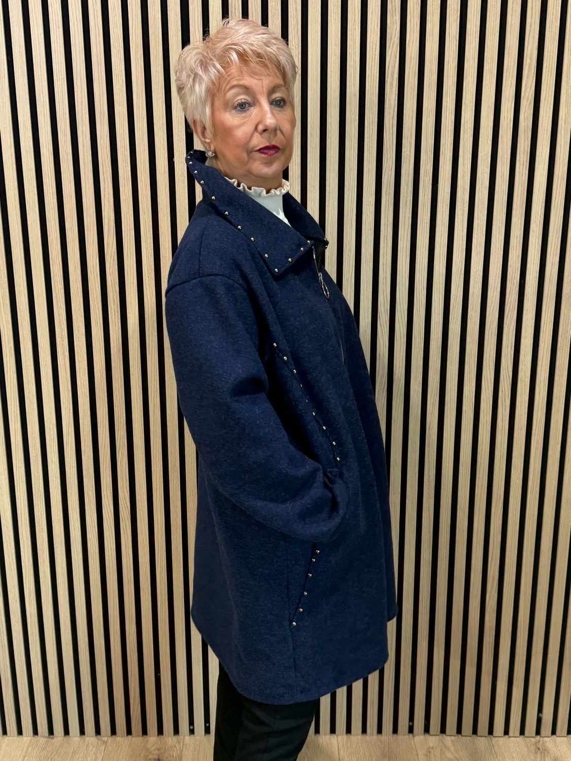 Stud Detail Zip Coat - Navy