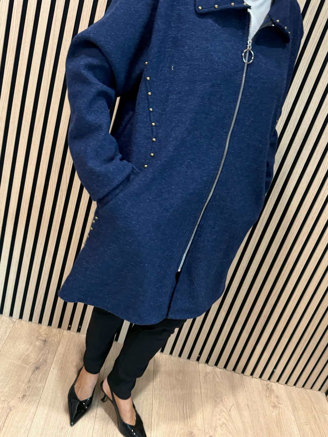 Stud Detail Zip Coat - Navy