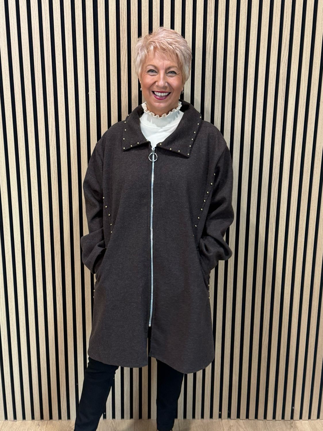Stud Detail Zip Coat - Chocolate