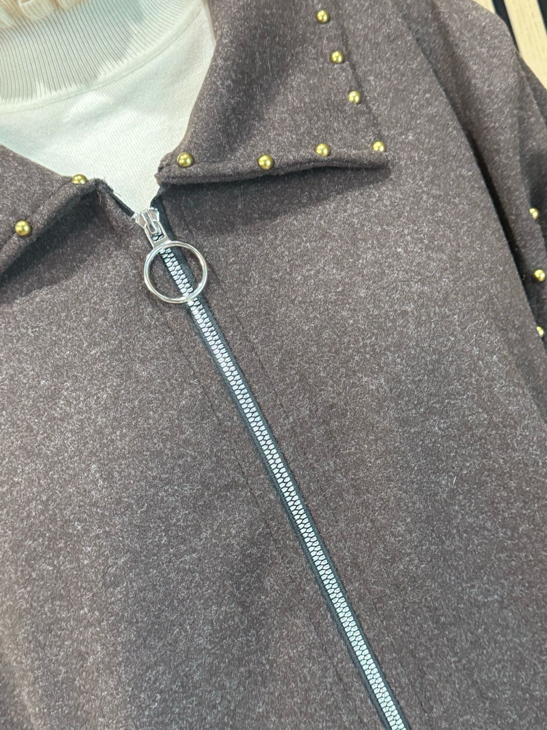 Stud Detail Zip Coat - Chocolate
