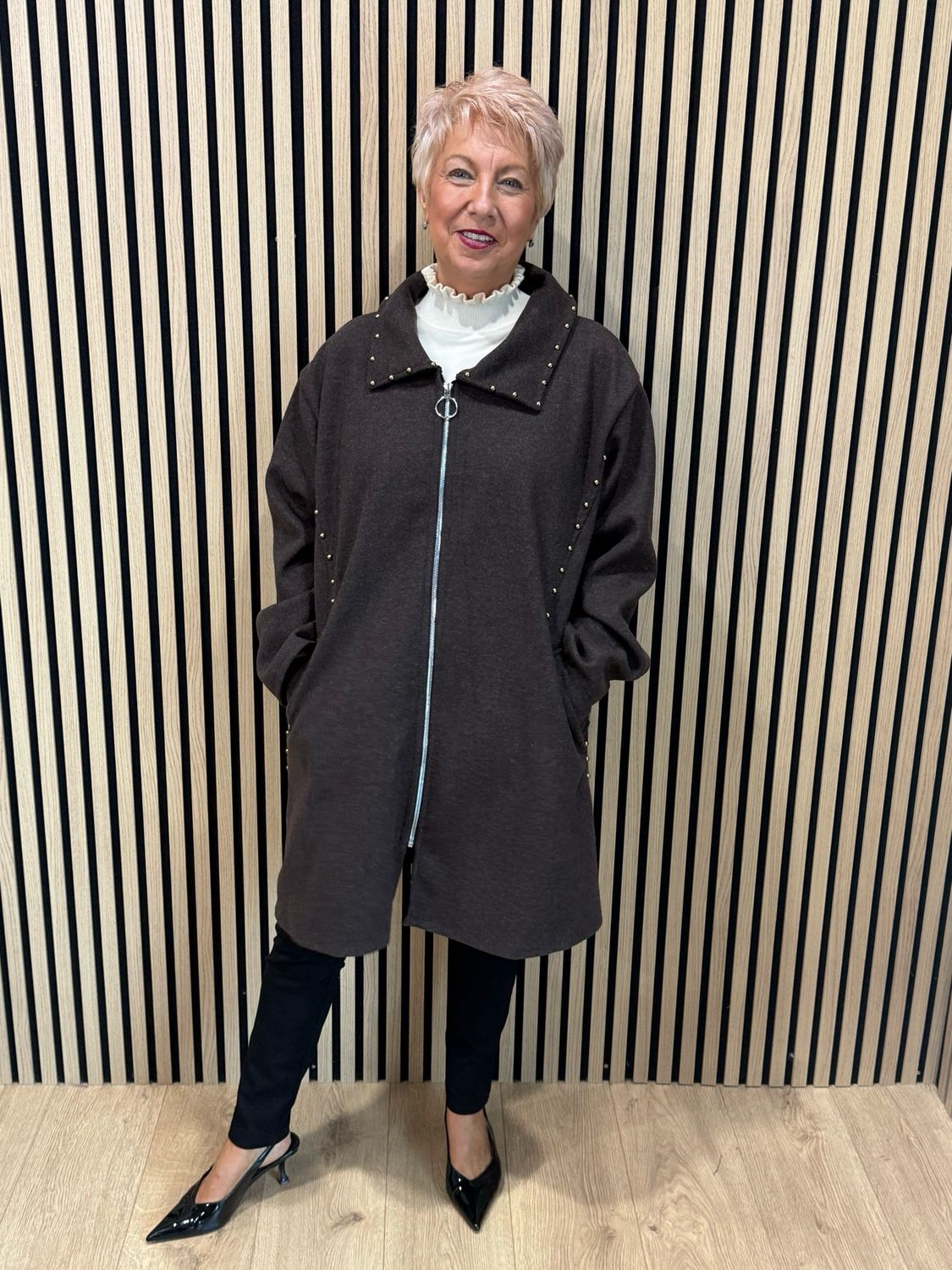 Stud Detail Zip Coat - Chocolate