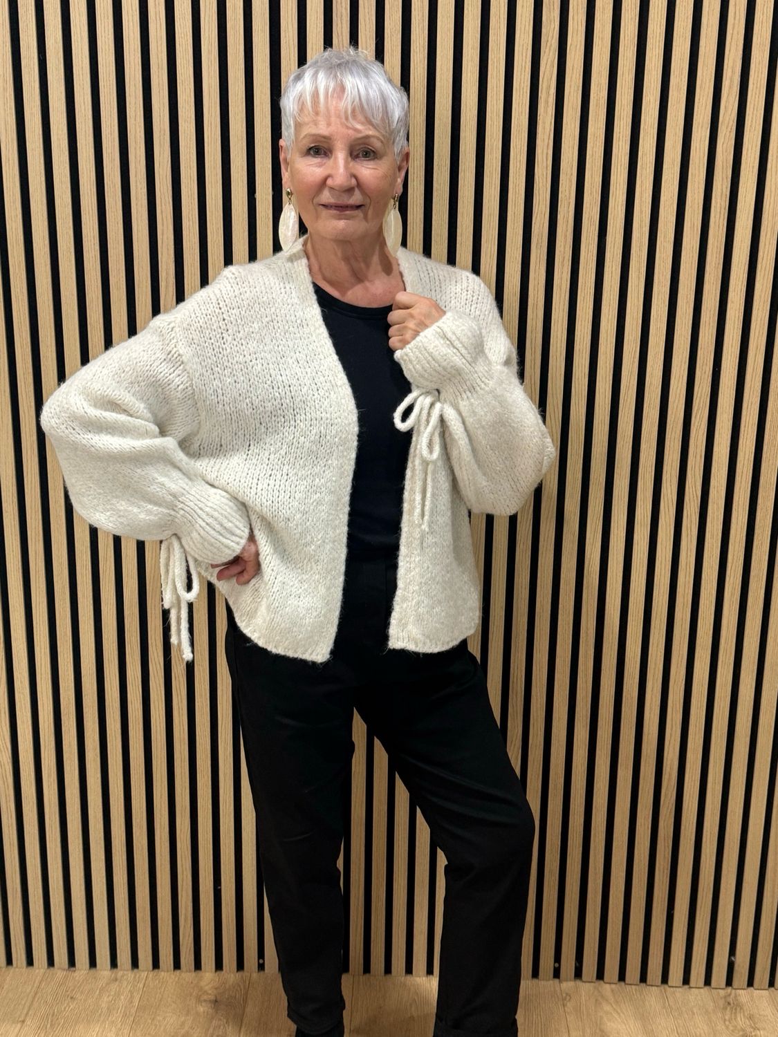 Tie Sleeve Open Knit Cardigan- Cream