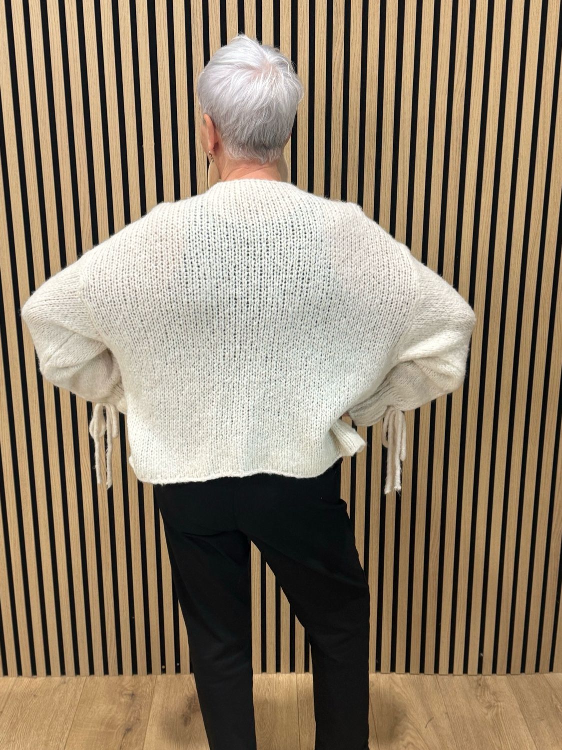 Tie Sleeve Open Knit Cardigan- Cream