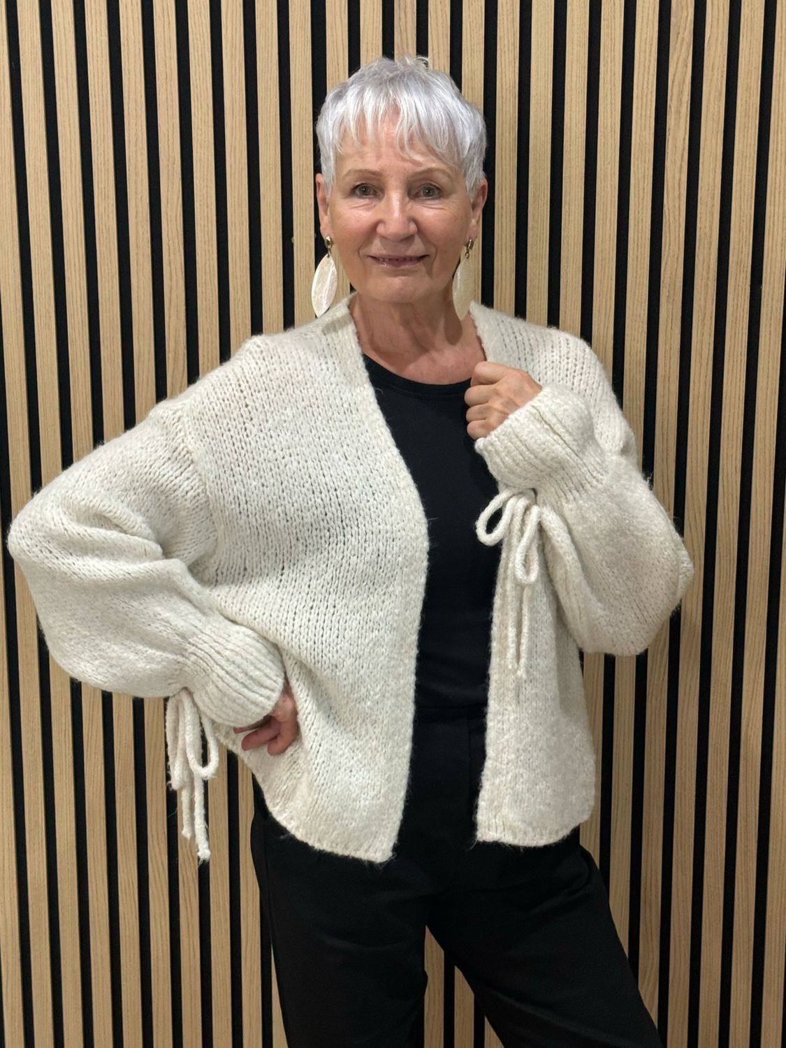 Tie Sleeve Open Knit Cardigan- Cream