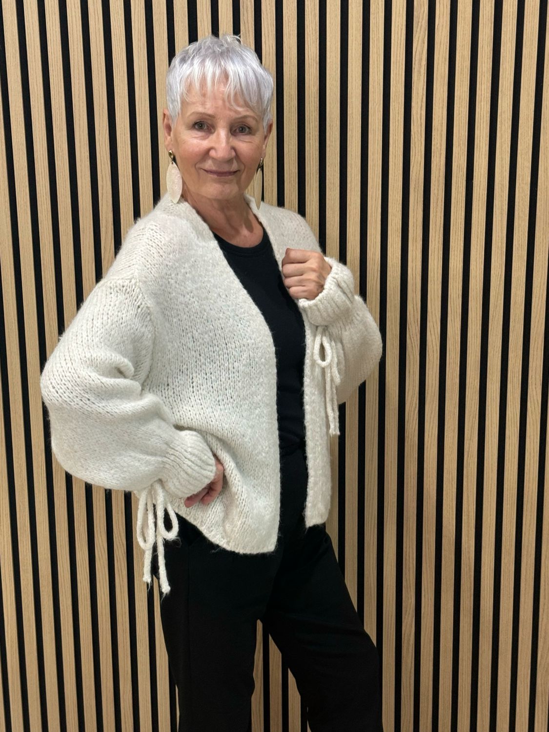 Tie Sleeve Open Knit Cardigan- Cream