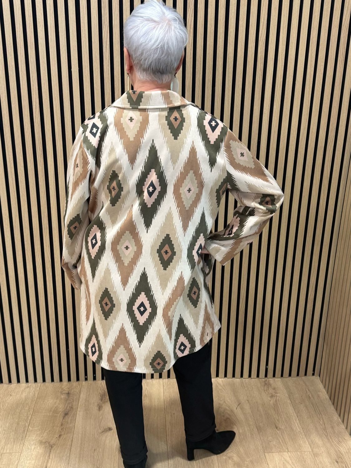 Aztec Print Longline Jacket - Taupe/Khaki