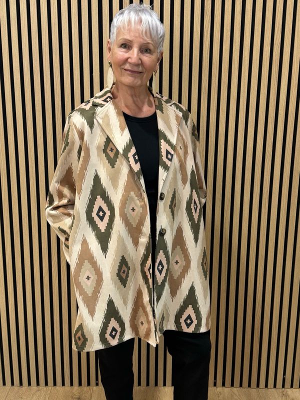Aztec Print Longline Jacket - Taupe/Khaki Aztec Print Longline Jacket - Taupe/Khaki