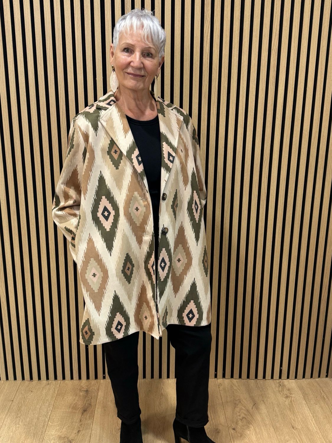 Aztec Print Longline Jacket - Taupe/Khaki