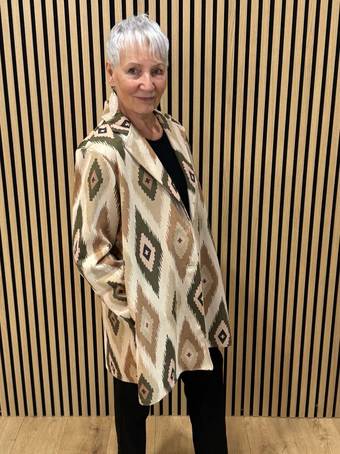 Aztec Print Longline Jacket - Taupe/Khaki