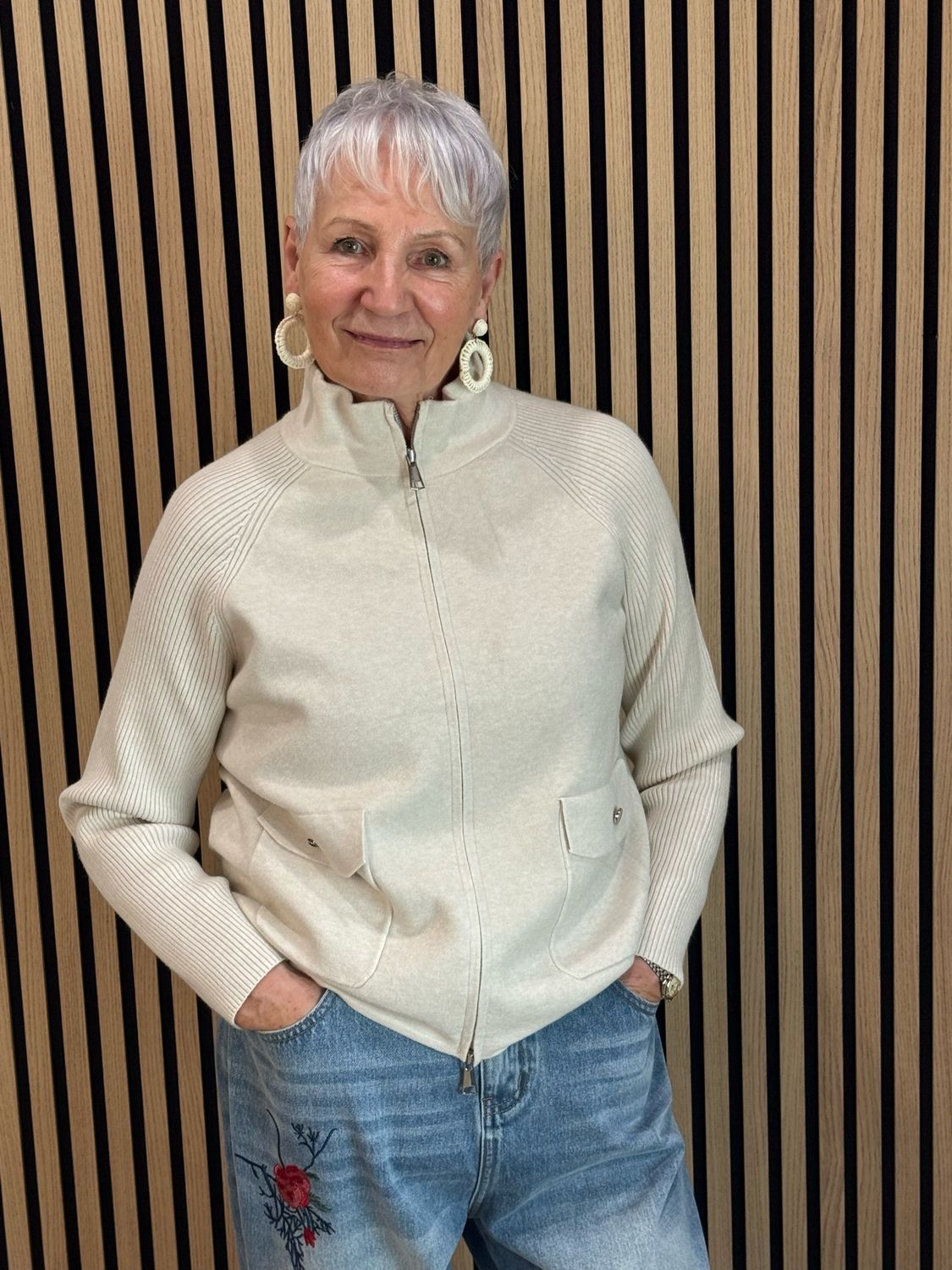 Ribbed Sleeve Zip Up Jumper - Cream