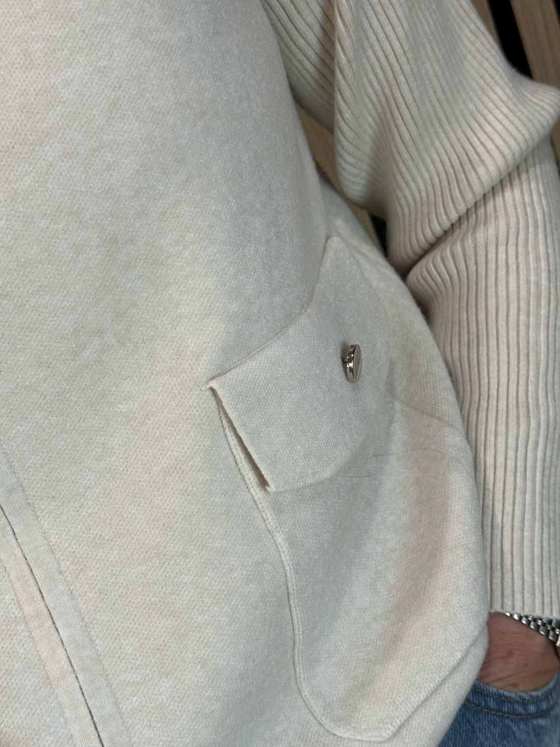 Ribbed Sleeve Zip Up Jumper - Cream