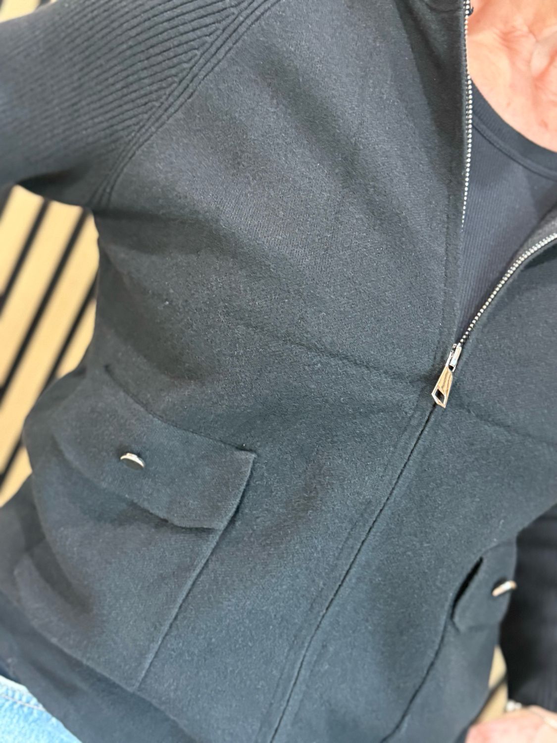Ribbed Sleeve Zip Up Jumper - Black