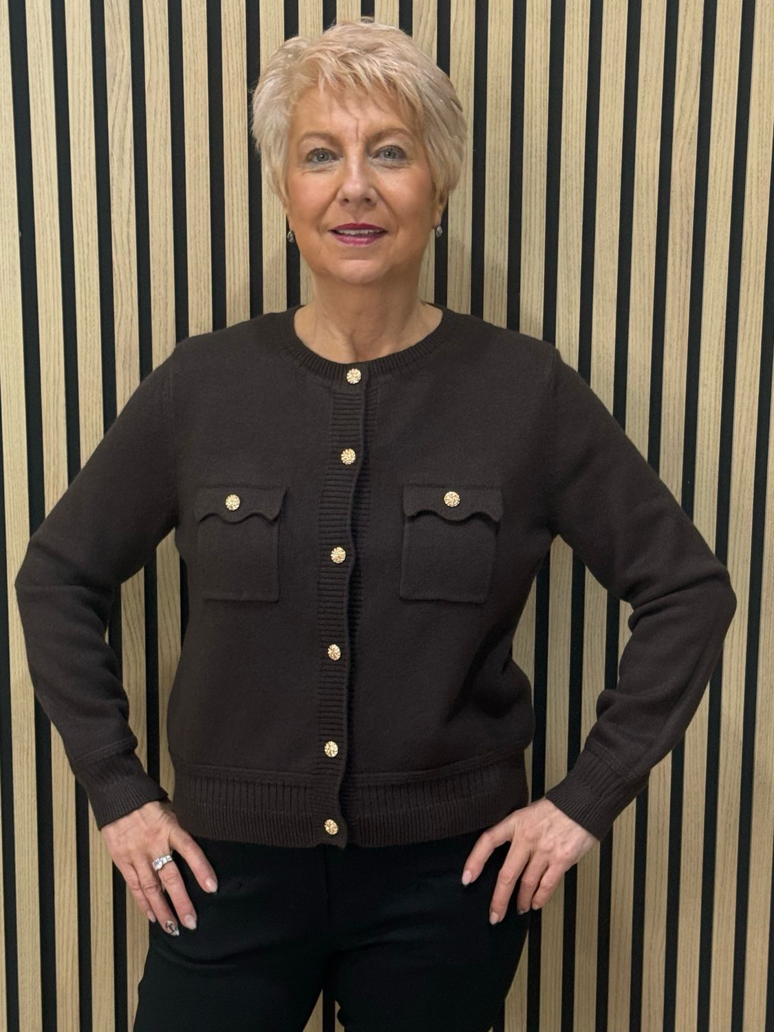 Gold Button Detail Pocket Cardigan - Chocolate