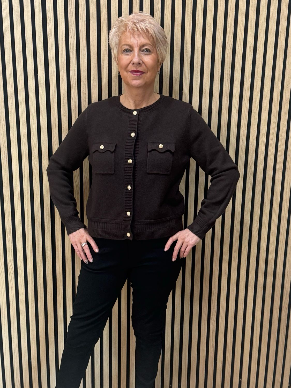 Gold Button Detail Pocket Cardigan - Chocolate