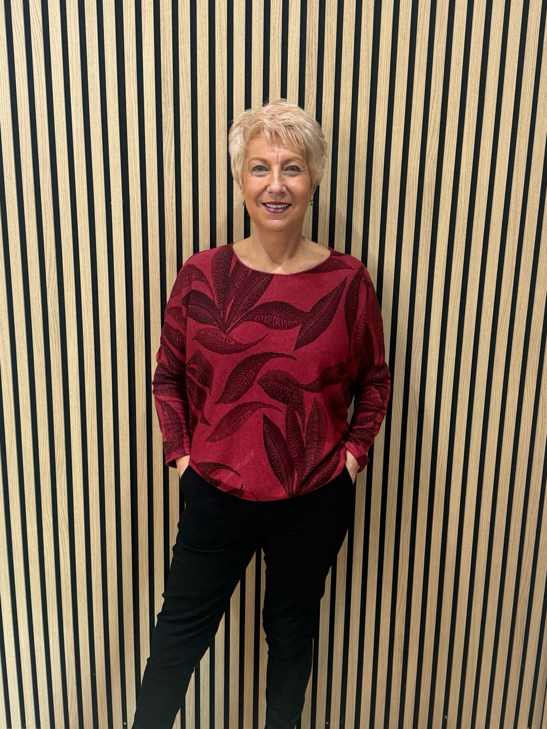 Leaf Print Soft Knit Jumper - Burgundy