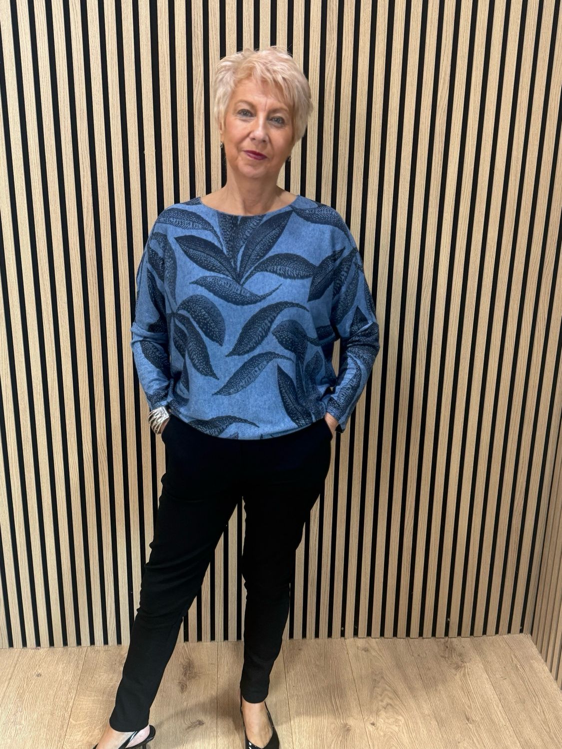 Leaf Print Soft Knit Jumper - Denim Blue