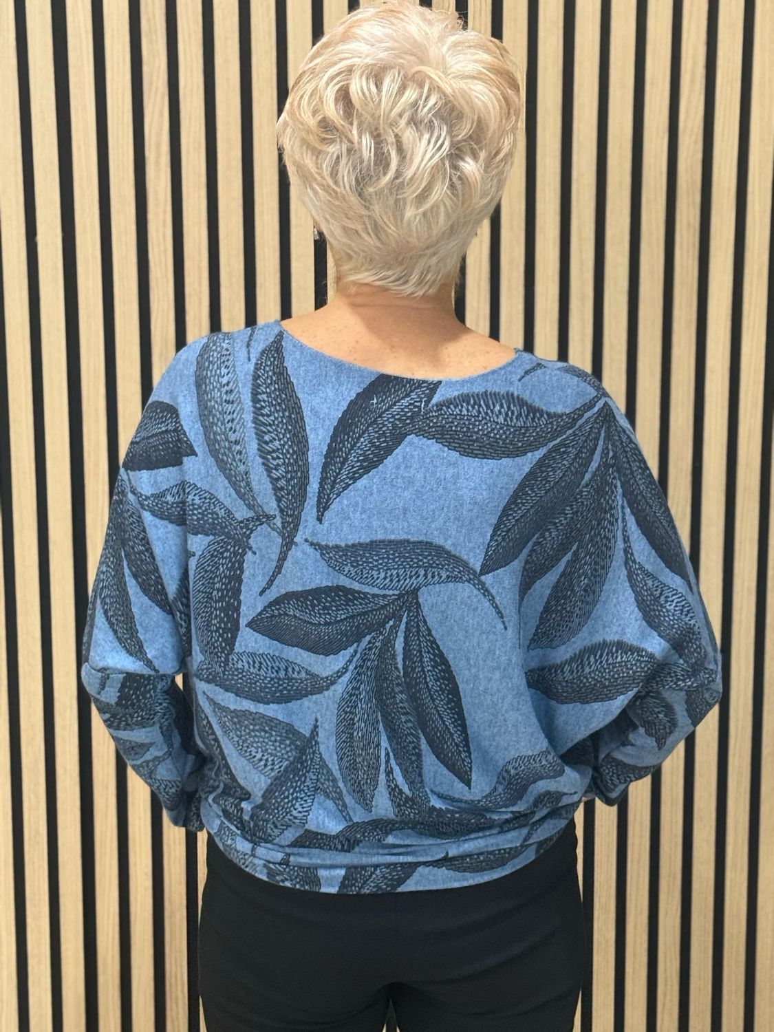 Leaf Print Soft Knit Jumper - Denim Blue