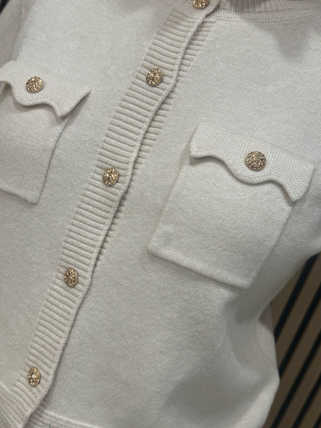 Gold Button Detail Pocket Cardigan - Cream