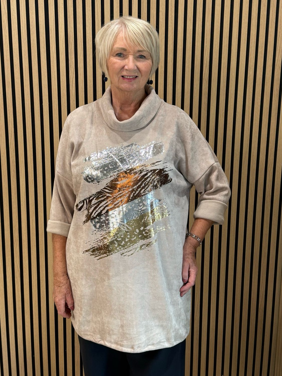 Oversized Abstract Metallic Print Cowl Neck Jumper - Taupe