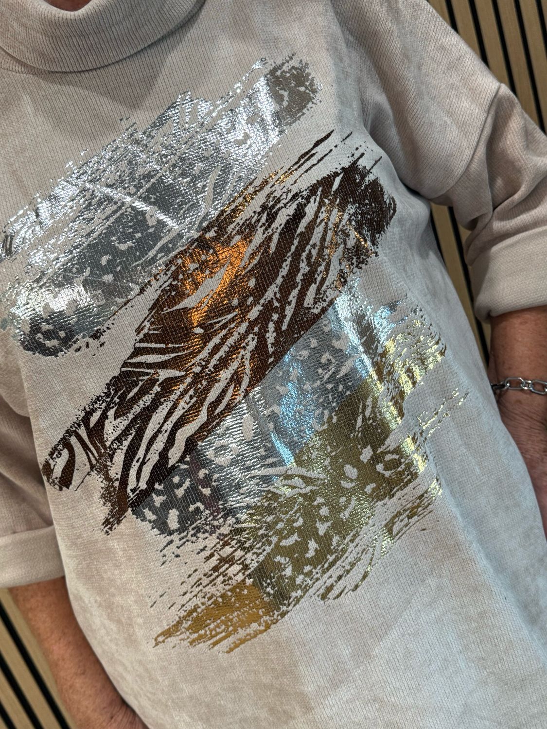 Oversized Abstract Metallic Print Cowl Neck Jumper - Taupe
