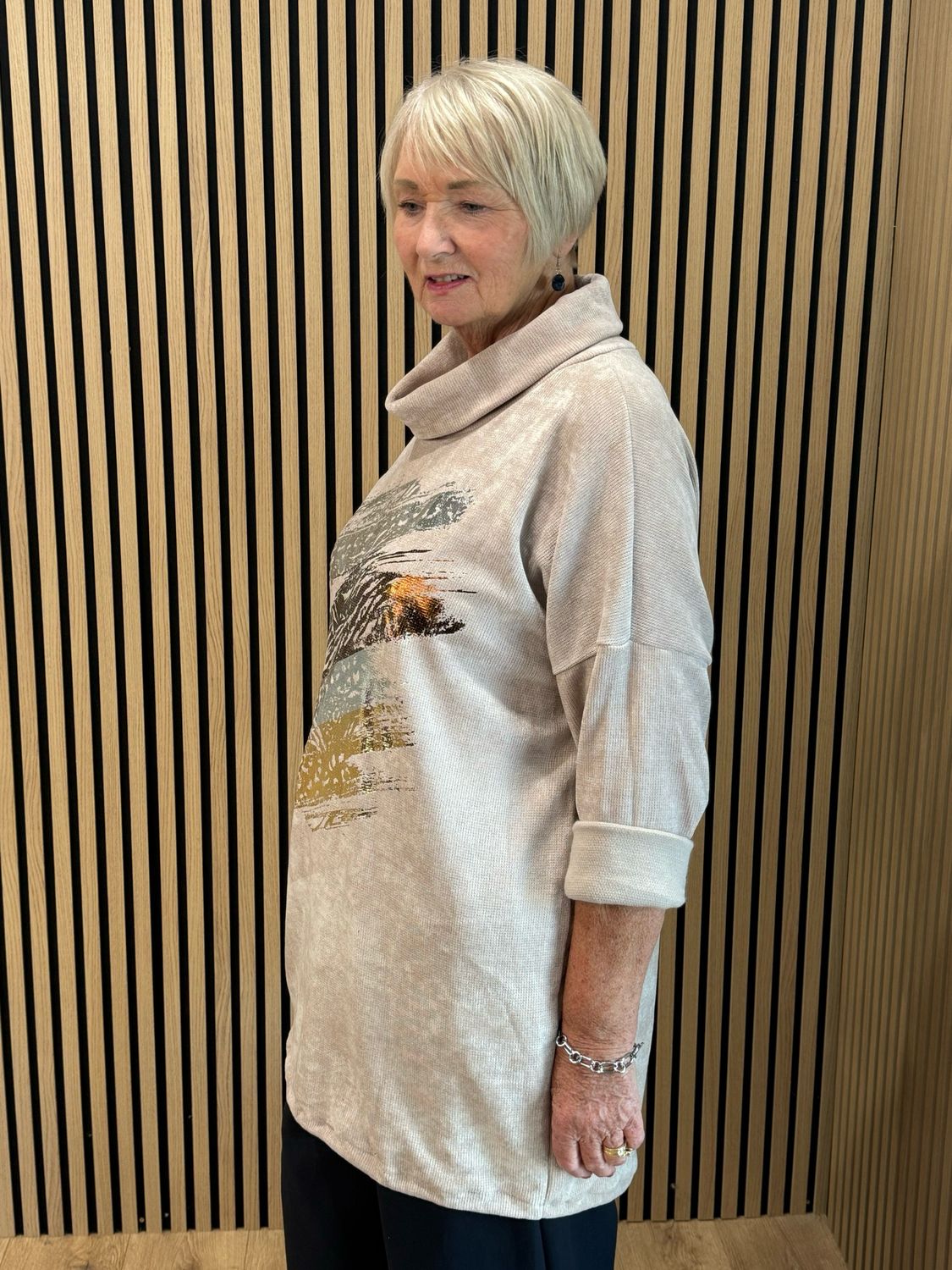 Oversized Abstract Metallic Print Cowl Neck Jumper - Taupe