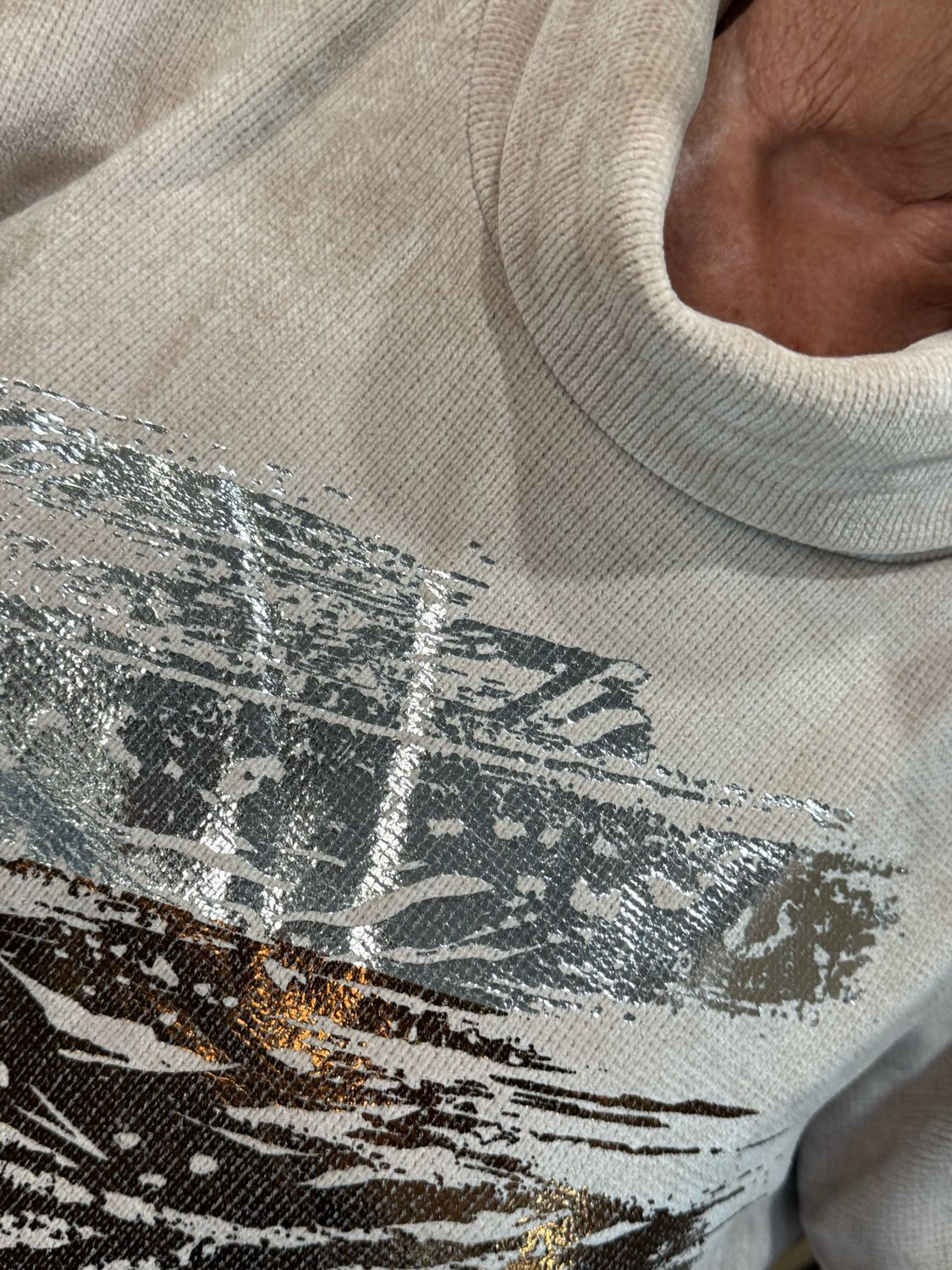 Oversized Abstract Metallic Print Cowl Neck Jumper - Taupe