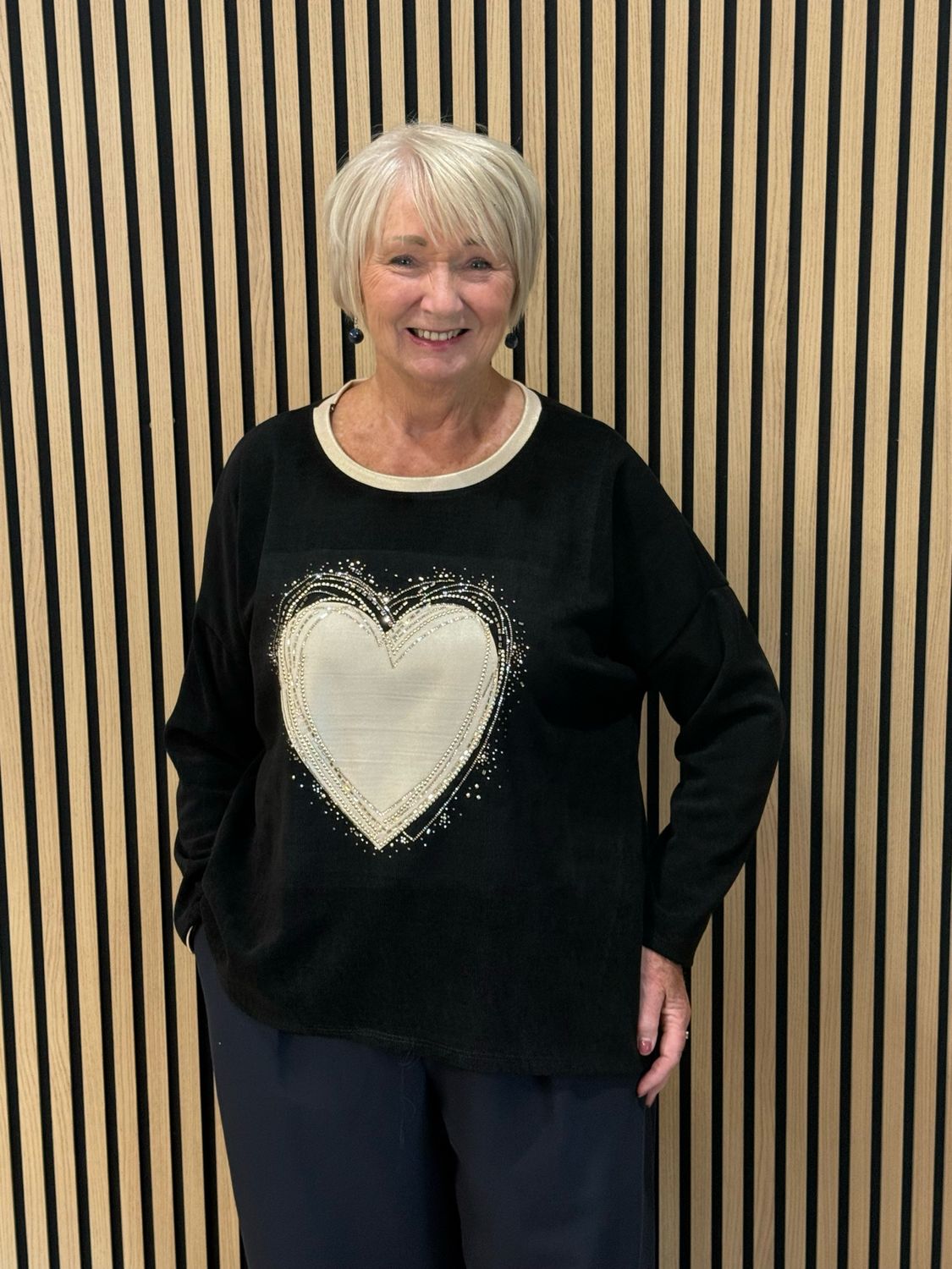Diamanté Heart Oversized Jumper - Black