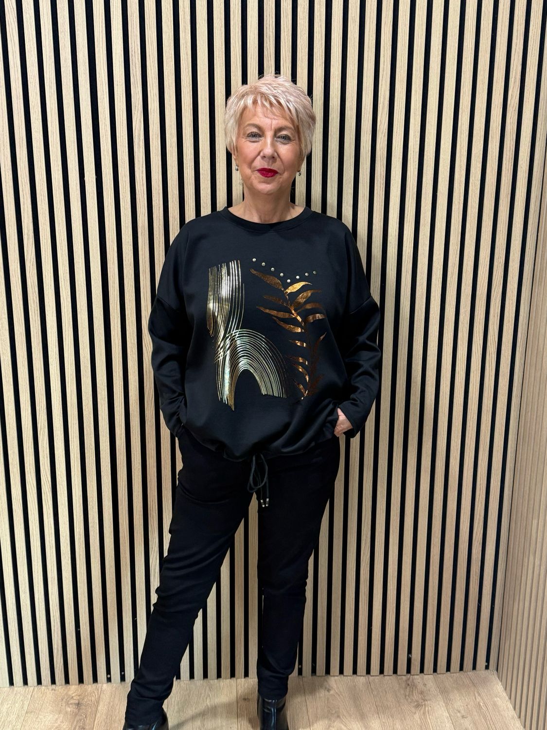 Abstract Leaf Print Tie Hem Sweatshirt - Black