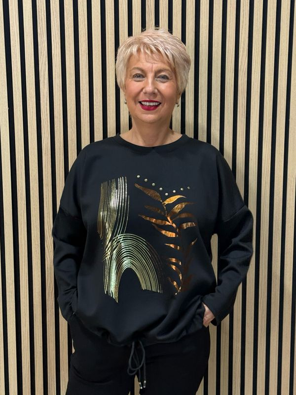 Abstract Leaf Print Tie Hem Sweatshirt - Black