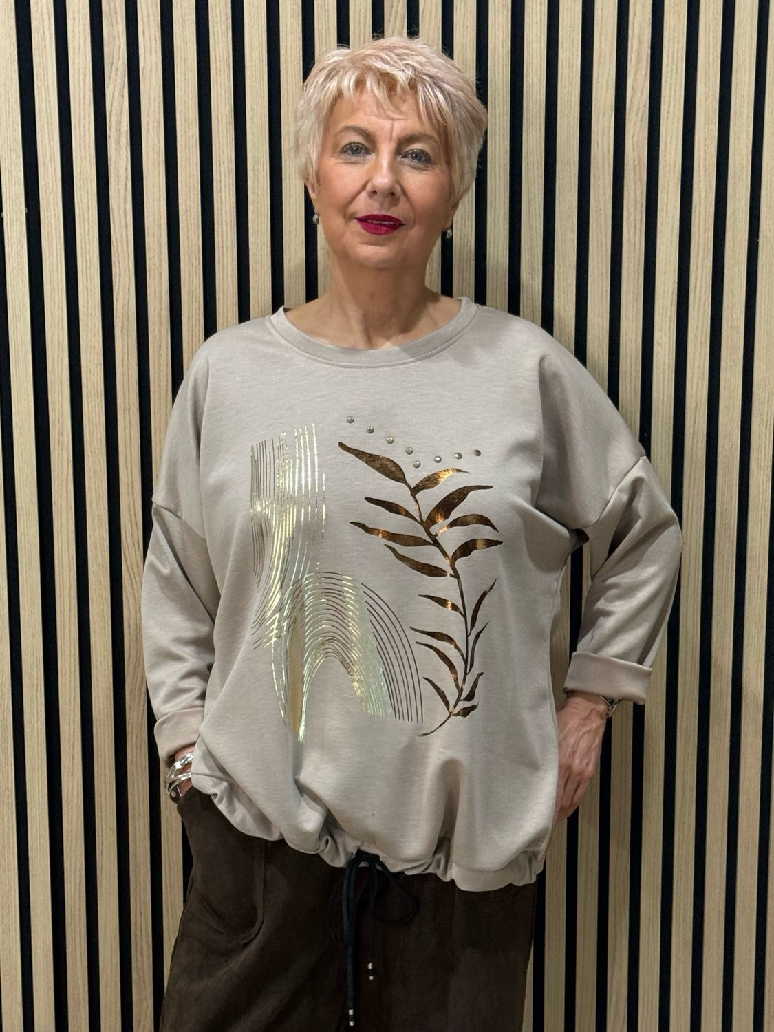 Abstract Leaf Print Tie Hem Sweatshirt - Taupe